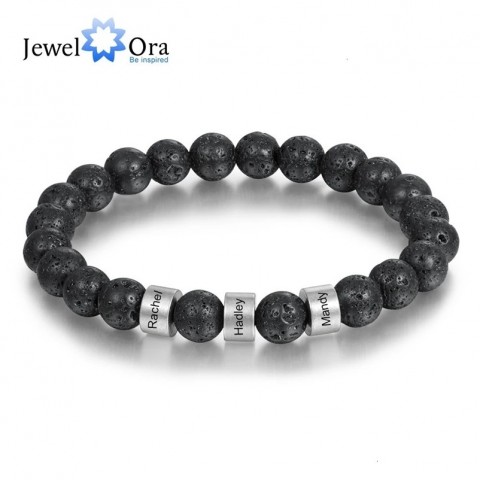Personalized Men's Stainless Steel Beaded Bracelet with Custom Engraving and Lava Tiger Eye Stone