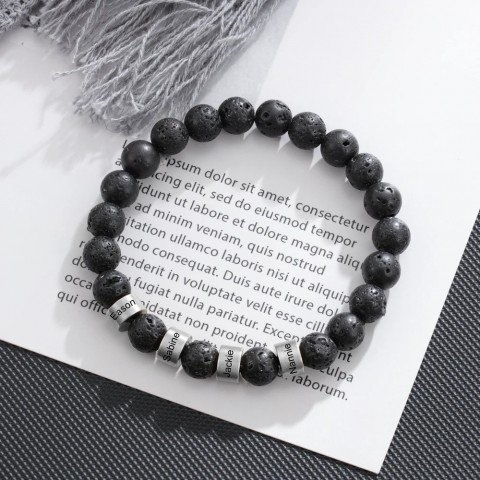 Personalized Men's Stainless Steel Beaded Bracelet with Custom Engraving and Lava Tiger Eye Stone