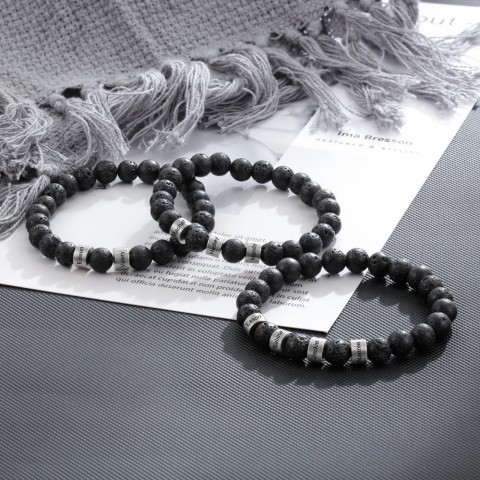 Personalized Men's Stainless Steel Beaded Bracelet with Custom Engraving and Lava Tiger Eye Stone