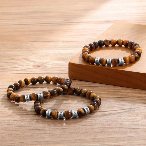 Personalized Men's Stainless Steel Beaded Bracelet with Custom Engraving and Lava Tiger Eye Stone