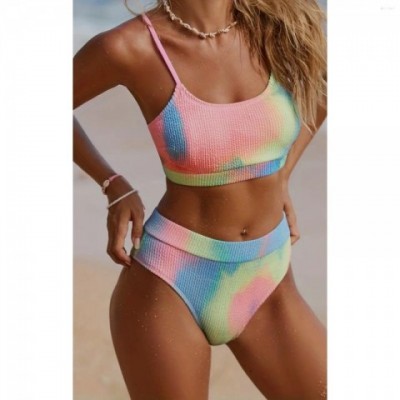Women's Vintage Tie-Dye Pleated Bikini, Sexy Two-Piece Swimsuit with Adjustable High Waist