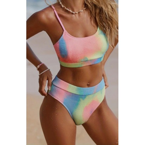 Women's Vintage Tie-Dye Pleated Bikini, Sexy Two-Piece Swimsuit with Adjustable High Waist