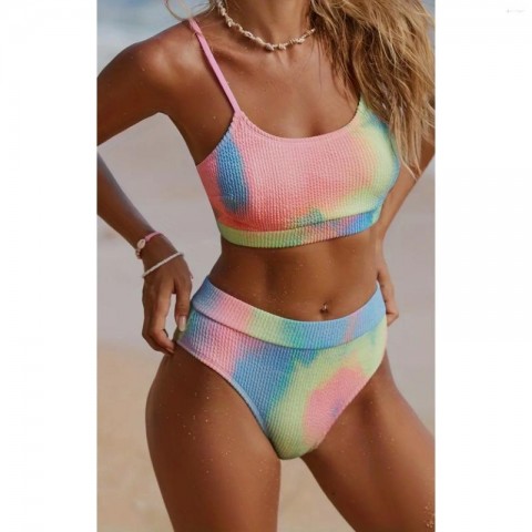 Women's Vintage Tie-Dye Pleated Bikini, Sexy Two-Piece Swimsuit with Adjustable High Waist