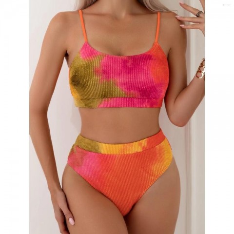 Women's Vintage Tie-Dye Pleated Bikini, Sexy Two-Piece Swimsuit with Adjustable High Waist