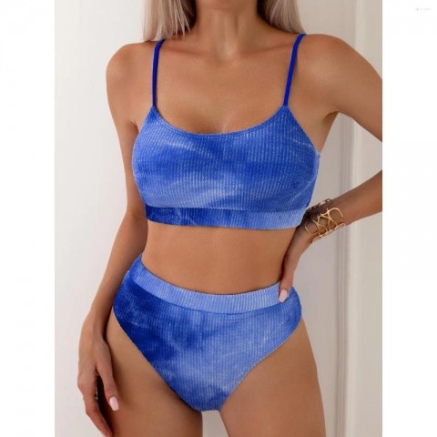 Women's Vintage Tie-Dye Pleated Bikini, Sexy Two-Piece Swimsuit with Adjustable High Waist