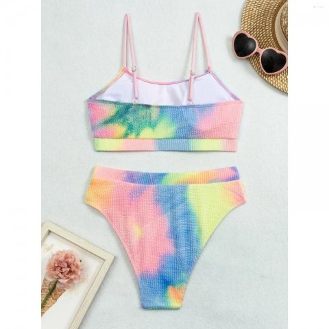 Women's Vintage Tie-Dye Pleated Bikini, Sexy Two-Piece Swimsuit with Adjustable High Waist