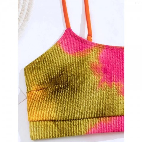Women's Vintage Tie-Dye Pleated Bikini, Sexy Two-Piece Swimsuit with Adjustable High Waist