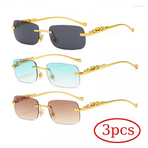 Cheetah Print 3PC Fashion Metal Rimless Sunglasses for Men and Women