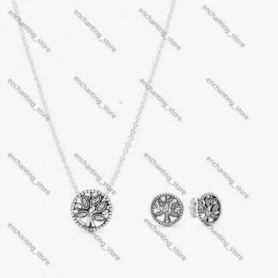 Luxury Pandora 925 Sterling Silver Pendant Necklace with Green Cubic Zirconia Earrings Set for Women