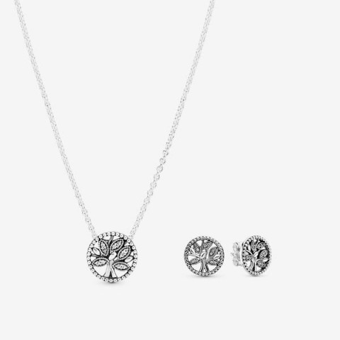 Luxury Pandora 925 Sterling Silver Pendant Necklace with Green Cubic Zirconia Earrings Set for Women