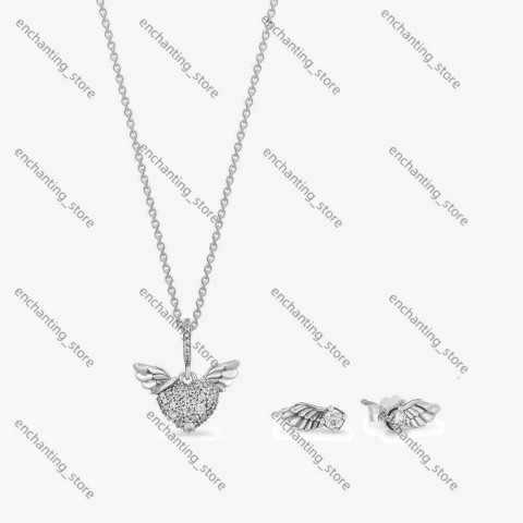 Luxury Pandora 925 Sterling Silver Pendant Necklace with Green Cubic Zirconia Earrings Set for Women