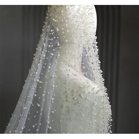 Elegant 1-Tier Pearl Adorned Bridal Cathedral Veil with Comb