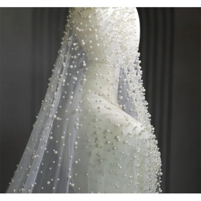 Elegant 1-Tier Pearl Adorned Bridal Cathedral Veil with Comb