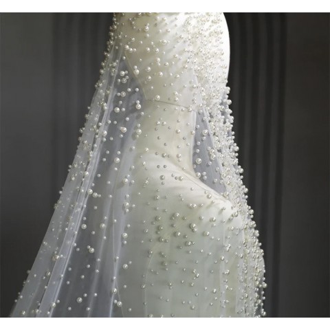 Elegant 1-Tier Pearl Adorned Bridal Cathedral Veil with Comb