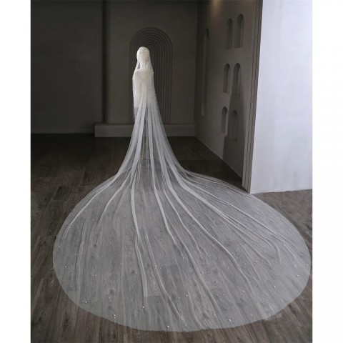 Elegant 1-Tier Pearl Adorned Bridal Cathedral Veil with Comb