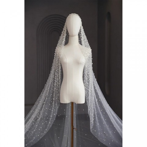 Elegant 1-Tier Pearl Adorned Bridal Cathedral Veil with Comb