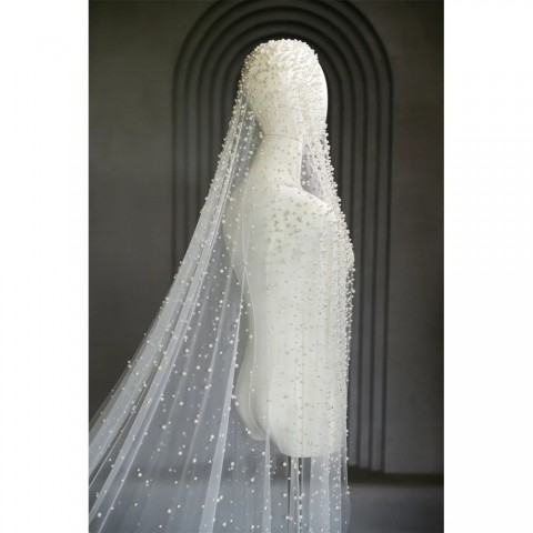 Elegant 1-Tier Pearl Adorned Bridal Cathedral Veil with Comb