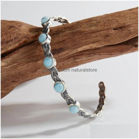 Huayi Vintage Bangle Sterling Silver Jewelry with Natural Larimar and Jasper for Women 240902