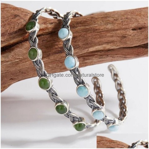 Huayi Vintage Bangle Sterling Silver Jewelry with Natural Larimar and Jasper for Women 240902