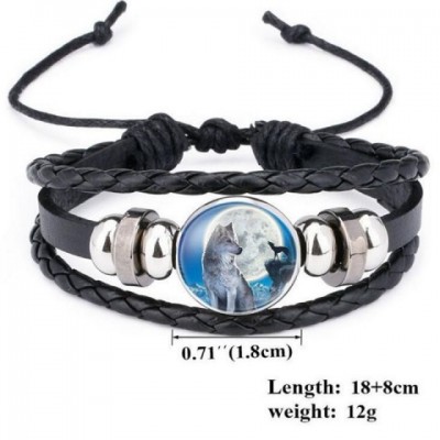 Moon Wolf Howling Handmade Glass Cabochon Leather Bangles for Men