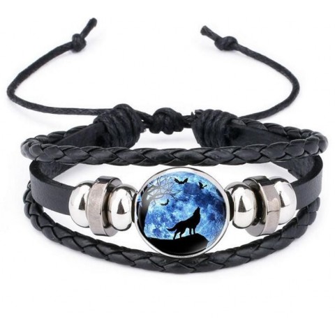 Moon Wolf Howling Handmade Glass Cabochon Leather Bangles for Men