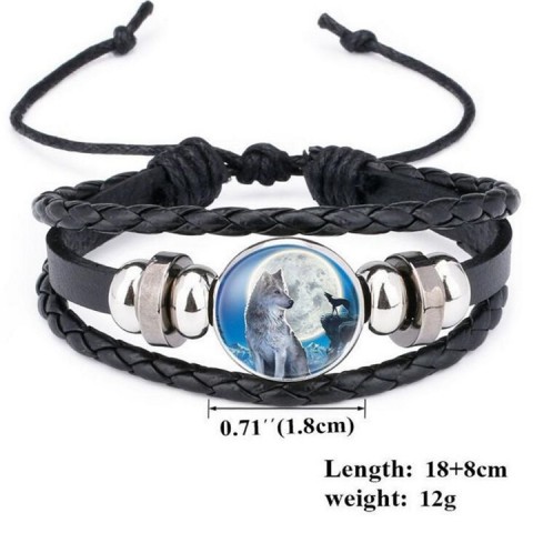 Moon Wolf Howling Handmade Glass Cabochon Leather Bangles for Men