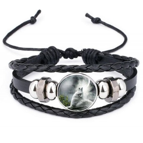 Moon Wolf Howling Handmade Glass Cabochon Leather Bangles for Men