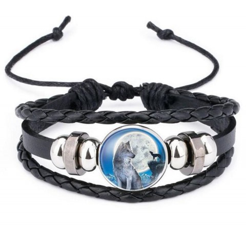Moon Wolf Howling Handmade Glass Cabochon Leather Bangles for Men