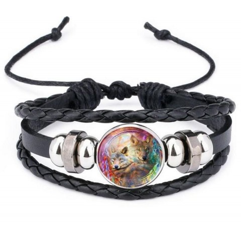 Moon Wolf Howling Handmade Glass Cabochon Leather Bangles for Men