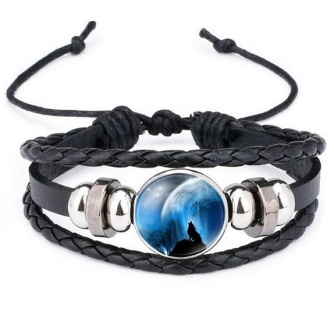 Moon Wolf Howling Handmade Glass Cabochon Leather Bangles for Men