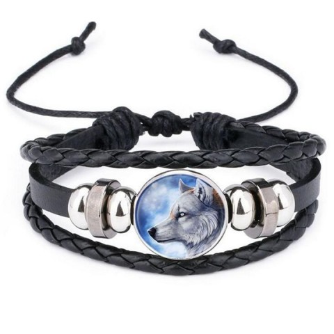 Moon Wolf Howling Handmade Glass Cabochon Leather Bangles for Men