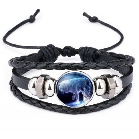 Moon Wolf Howling Handmade Glass Cabochon Leather Bangles for Men