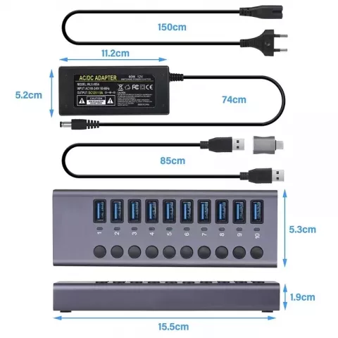 Aluminum Alloy USB Hub with Multiple Ports & LED Indicator for MacBook Pro & Computers