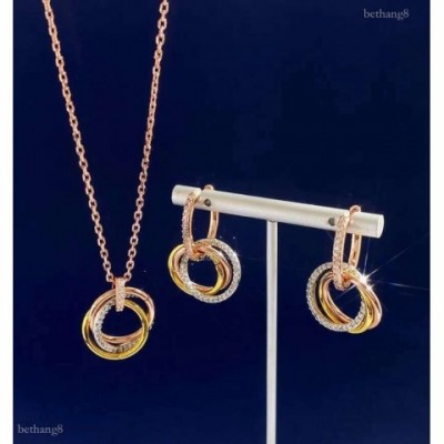 Elegant Triple Rings Pendant Necklace with Full Diamonds Earring