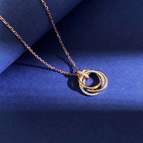 Elegant Triple Rings Pendant Necklace with Full Diamonds Earring