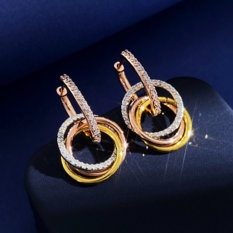 Elegant Triple Rings Pendant Necklace with Full Diamonds Earring