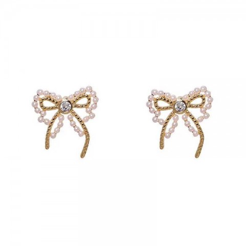 Stud Fashion Crystal Simulated Pearl Bowknot Earrings for Women with Bohemian Style