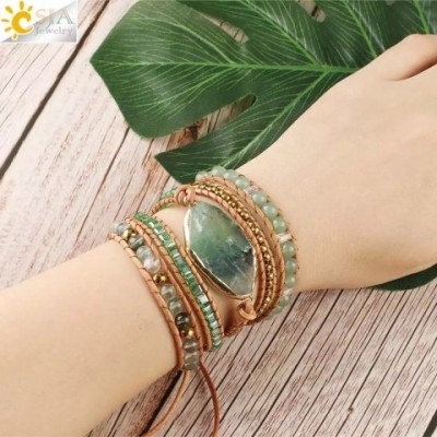 Charm Bracelets Women CSJA Natural Fluorite Aventurine Leather Wrap