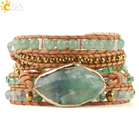 Charm Bracelets Women CSJA Natural Fluorite Aventurine Leather Wrap