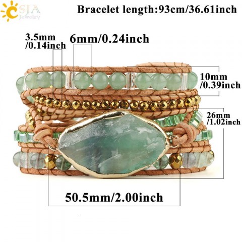 Charm Bracelets Women CSJA Natural Fluorite Aventurine Leather Wrap