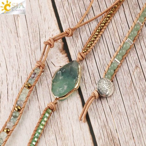 Charm Bracelets Women CSJA Natural Fluorite Aventurine Leather Wrap