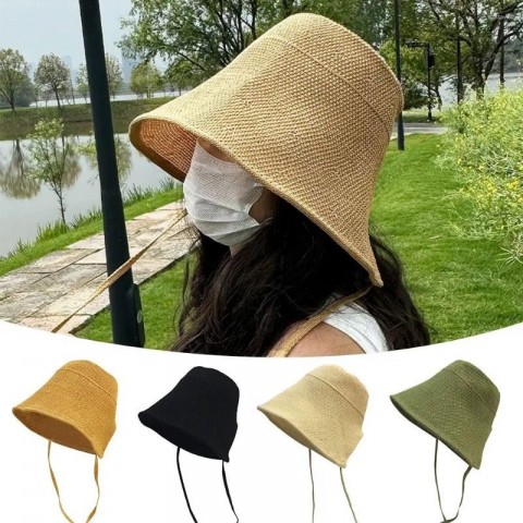 Wide Brim Sun Protection Straw Hat with Adjustable Strap for Women