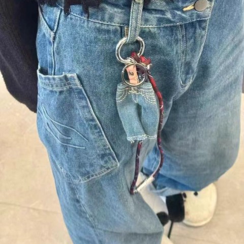 Mens Titanium Steel AC Style Mini Jeans Keychain with Graffiti Design for Unisex