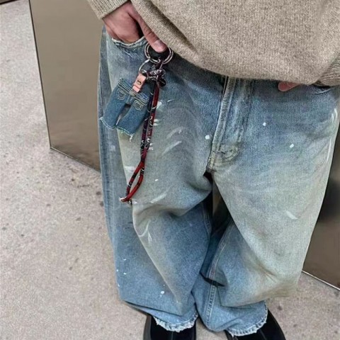 Mens Titanium Steel AC Style Mini Jeans Keychain with Graffiti Design for Unisex