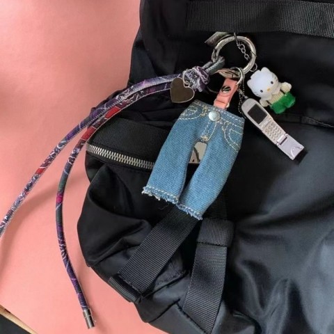 Mens Titanium Steel AC Style Mini Jeans Keychain with Graffiti Design for Unisex