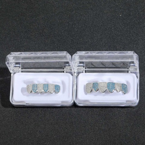 Ailodo Sparkling White Blue Teen Hip Hop Grillz for Men and Women