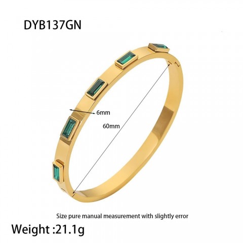Waterproof Women's 18K Gold Plated Oval Bangle with Green Whitstone & Cubic Zirconia