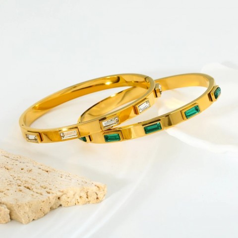 Waterproof Women's 18K Gold Plated Oval Bangle with Green Whitstone & Cubic Zirconia