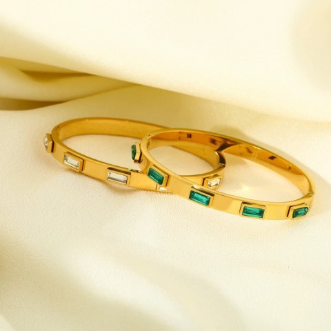 Waterproof Women's 18K Gold Plated Oval Bangle with Green Whitstone & Cubic Zirconia