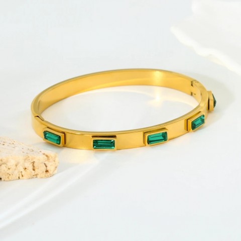 Waterproof Women's 18K Gold Plated Oval Bangle with Green Whitstone & Cubic Zirconia
